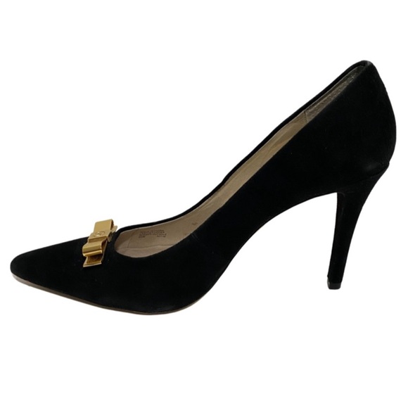 Michael Kors Black Suede Pointy Toe Heels Pumps w/ Gold Bows - Picture 7 of 9